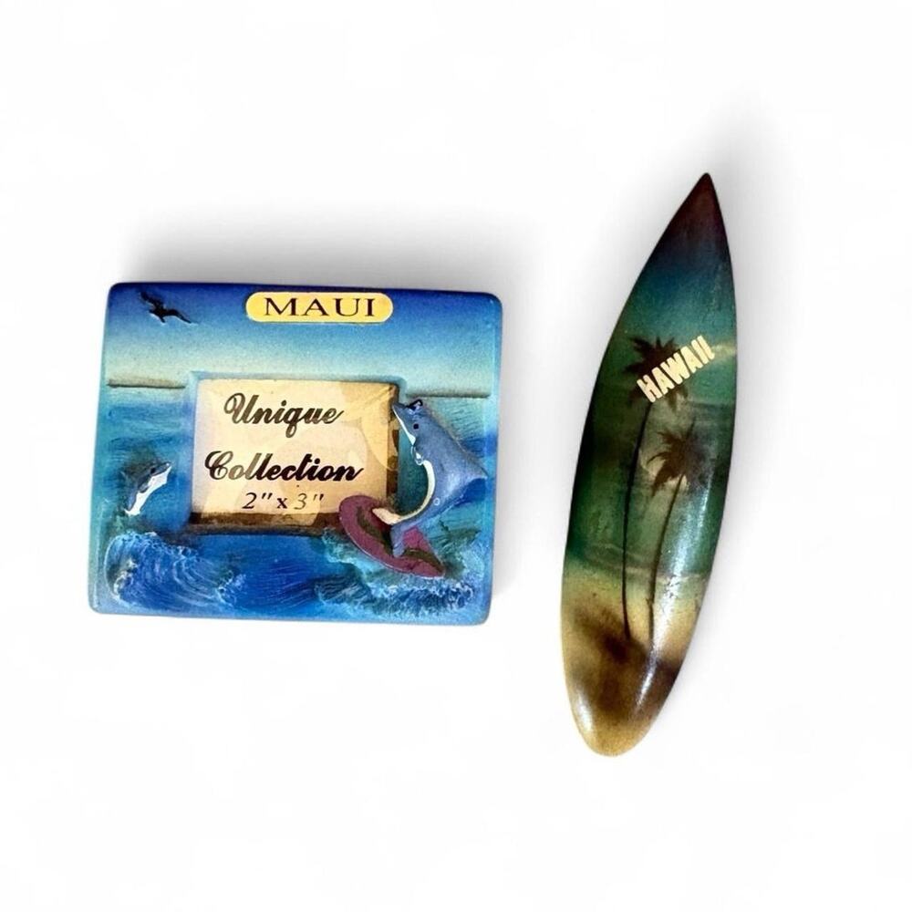 Hawaii Maui Souvenir Magnet Lot Surfboard Palm Tree Wood & Dolphin Photo Frame